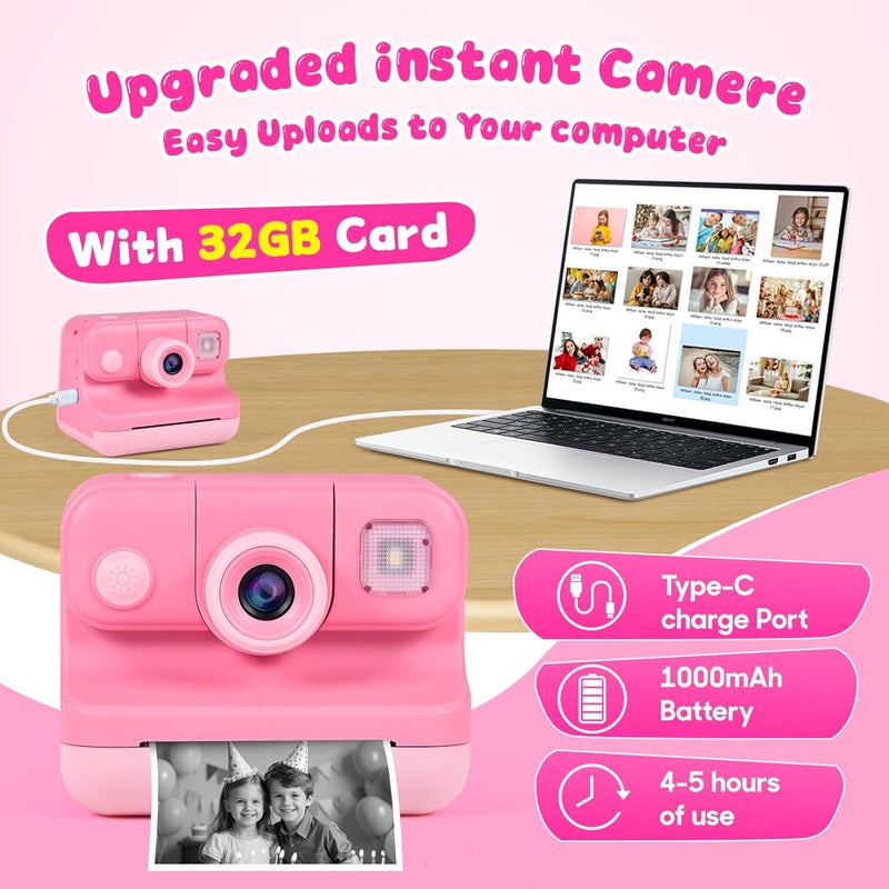 Elecoutek Kids Instant Print Camera with Carrying Bag, 1080P HD Girl Camera with 4 Print Paper Rolls, Color Pens & 32GB Card, Christmas Birthday Gifts Kids Girl Toys for 3-12 Years Old (Pink) - Image 4